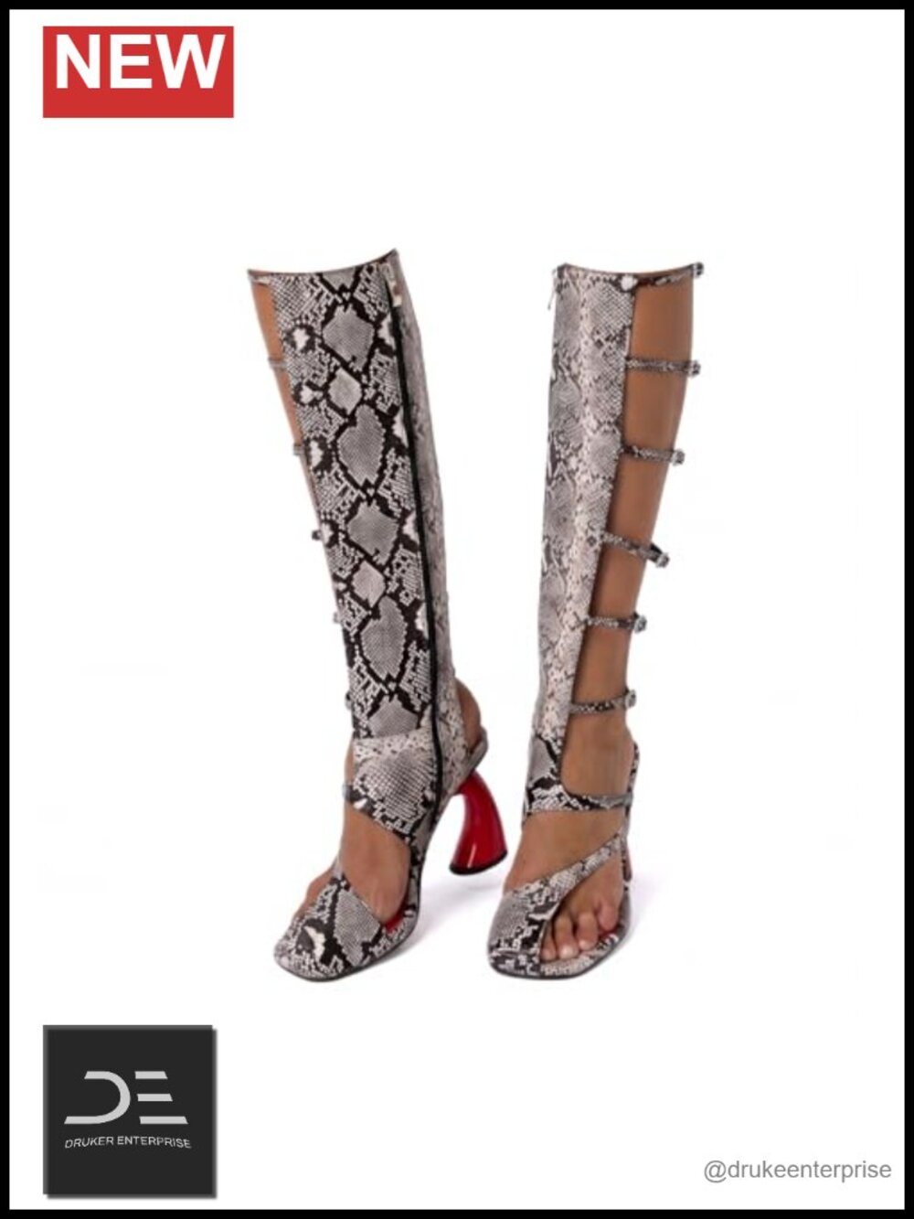 Knee-High Gladiator Sandals Heels Square Toe Buckled Straps PU Leather Chunky
